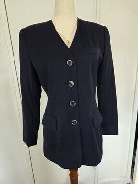 Classic Navy Long Blazer with Gold-Trim Buttons